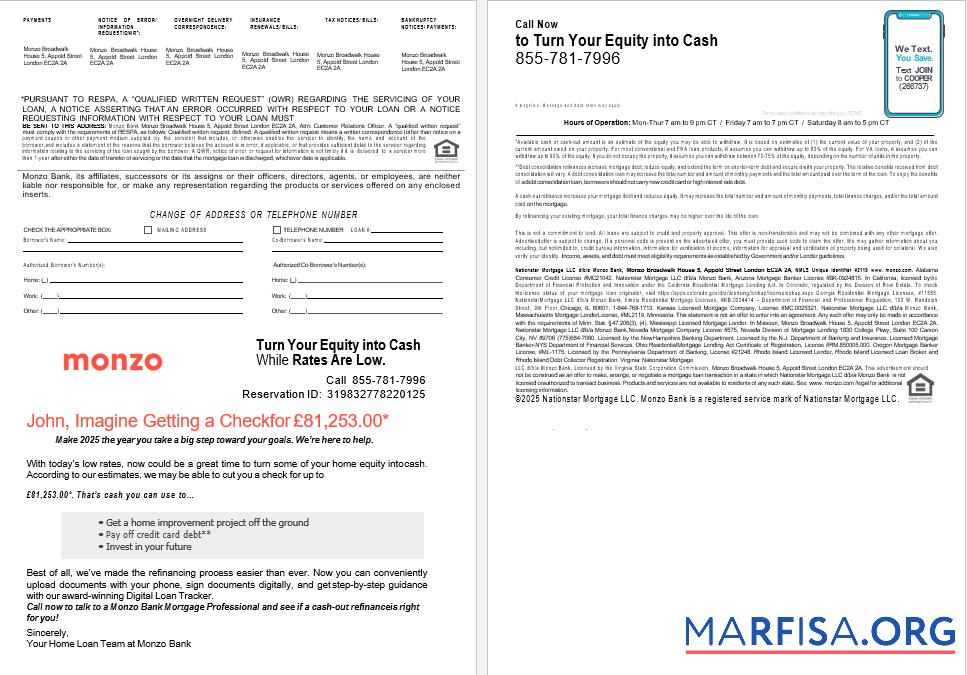 Realistic UK Monzo Bank mortgage loan statement in Word and PDF formats , (2) download for verification